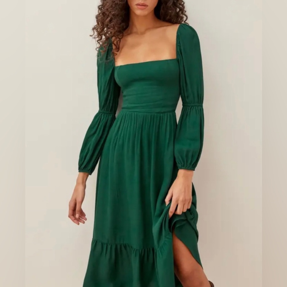 Nordstrom-Reformation Long Sleeve Midi Dress - Size 10 , Forrest Green / Emerald
